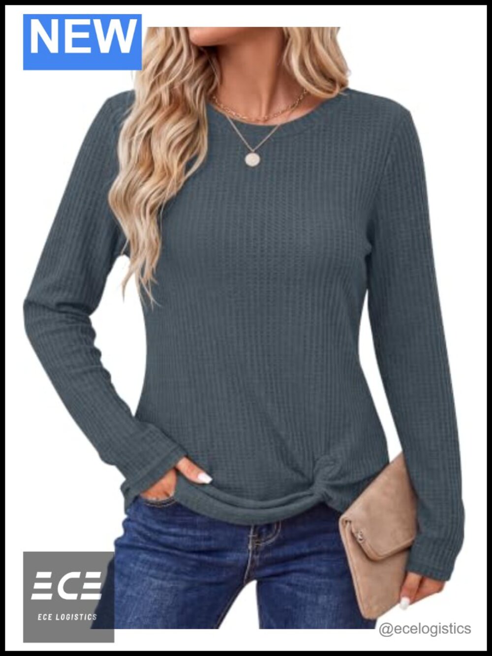 Waffle Knit Twist Knot Long Sleeve Tunic Top Crew Neck Pullover